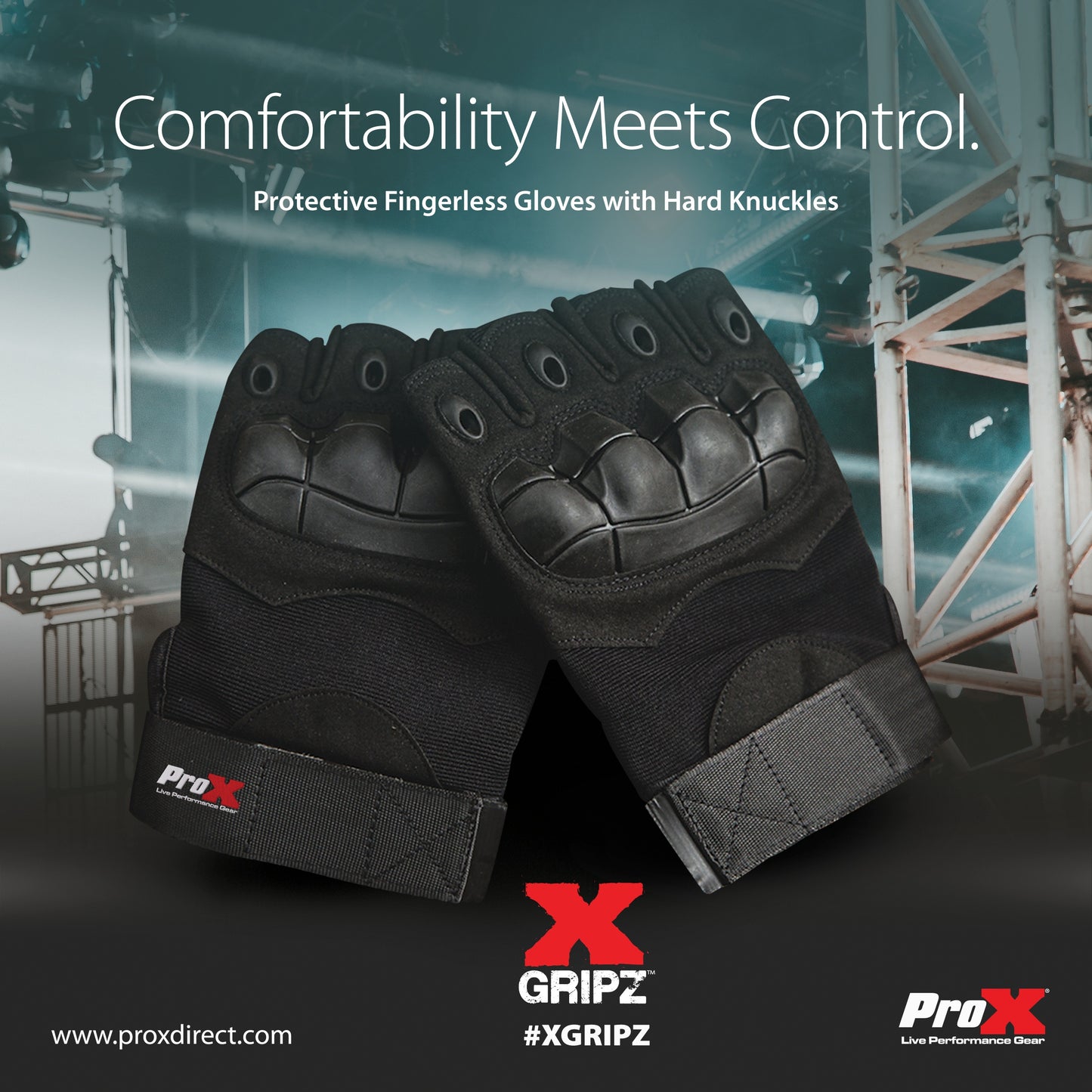 ProX X-GRIPZ Hard Rubber Knuckle Fingerless Gloves for Truss