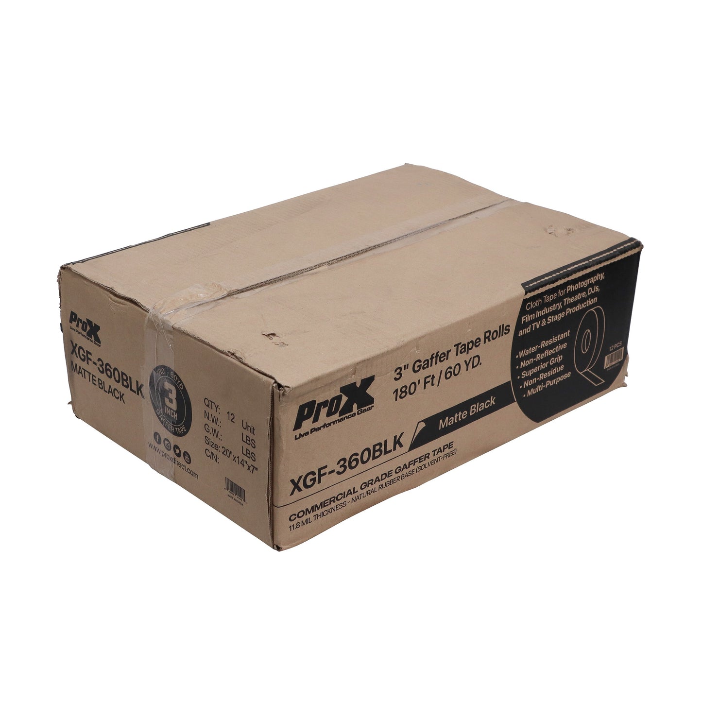 ProX XGF-360BLK 3" Matte Black Commercial Grade Gaffer Tape