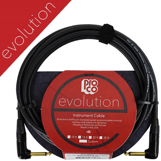 ProCo Evolution unbalanced instrument cable coiled with hook-and-loop strap and retail label