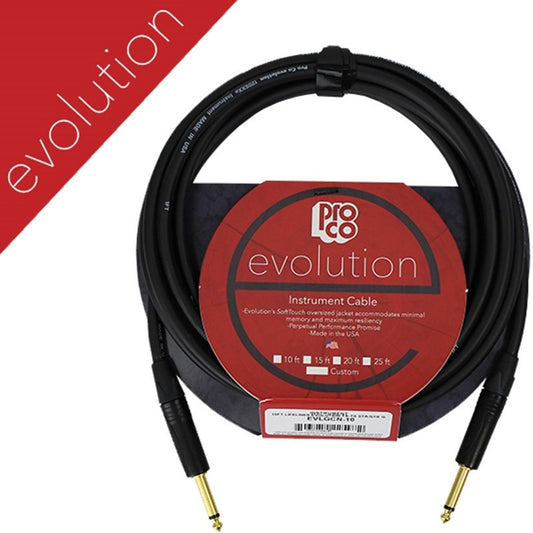 ProCo Sound EVLGCN-10 instrument cable coiled with Evolution retail label and length checkboxes