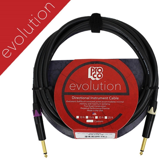 ProCo Sound Evolution directional unbalanced 1/4" cable coiled with hook-and-loop strap and red packaging label