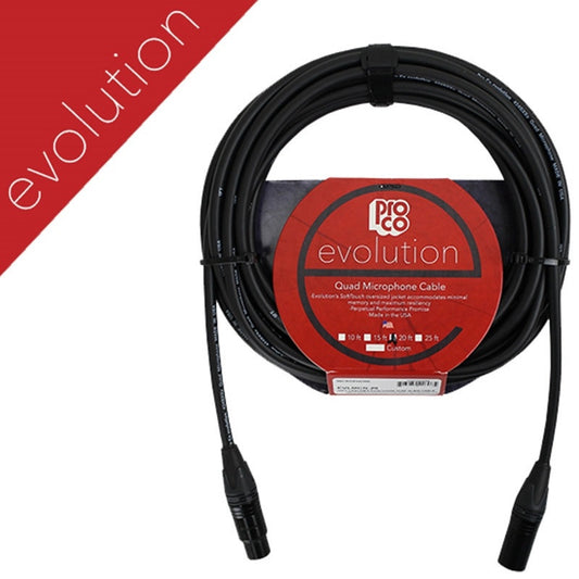 ProCo Sound Evolution quad microphone cable coiled with red packaging label and length checkboxes