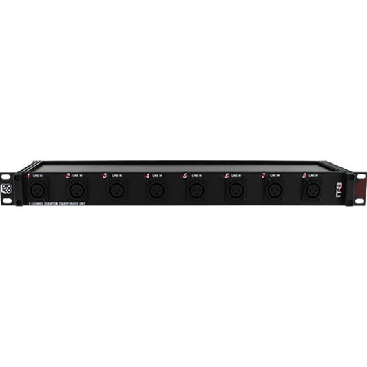 ProCo IT-8 8 channel isolation transformer unit front panel with eight female XLR line inputs and rack ears