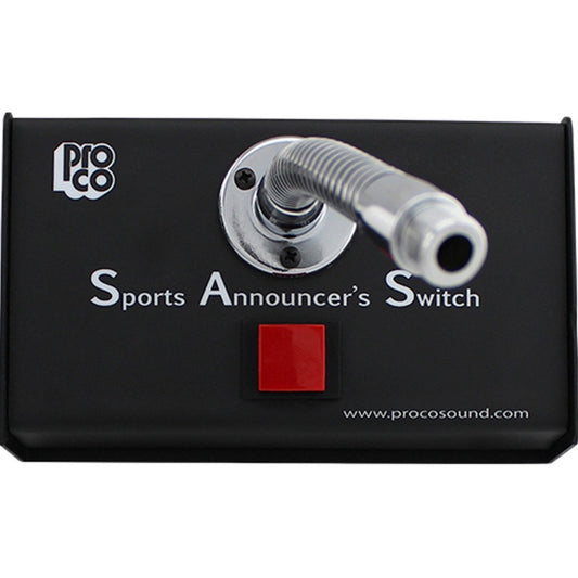 ProCo Sound SAS2 top panel showing red momentary push-to-talk button and gooseneck mount flange
