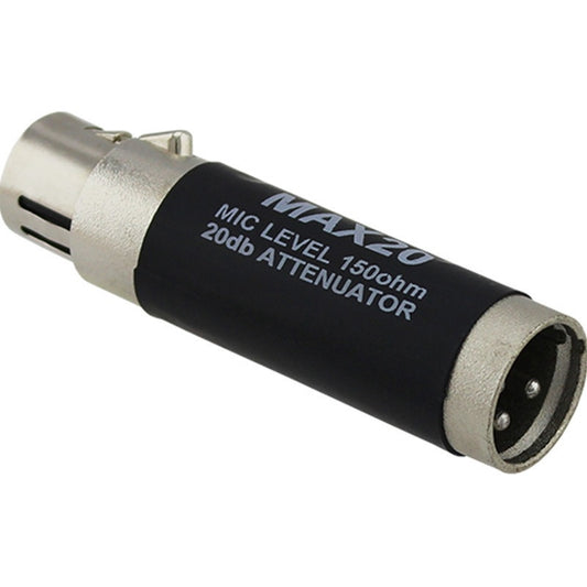 ProCo Sound MAX20 inline pad angled view showing male XLR pins and female XLR end
