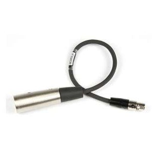 TA3F to XLR male short adapter cable coiled in a loop, showing nickel XLR male connector with black strain relief and mini TA3F connector, Lectrosonics