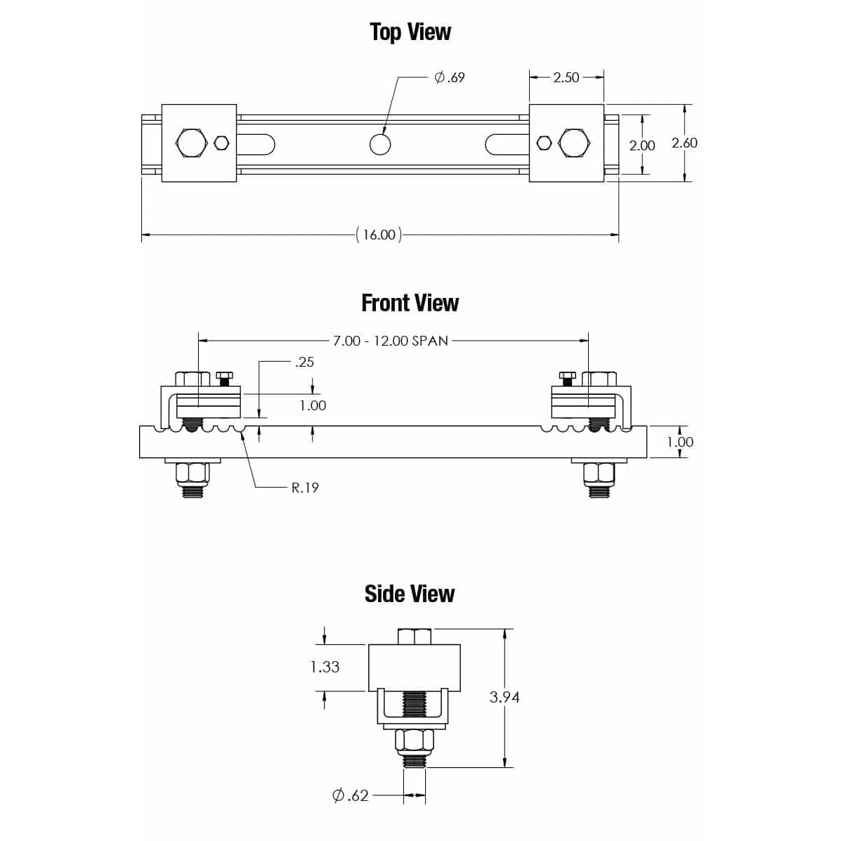 BC7-12-0 beam clamp dimensioned technical drawing with top, front and side views showing 7.00-12.00 in span, 16.00 in overall length and 0.69 in center hole, Adaptive Technologies