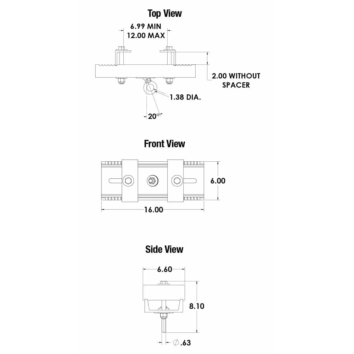 BC7-12-GE beam clamp dimensional drawing with top, front and side views showing 6.99 to 12.00 in clamping range, 16.00 x 6.00 in footprint and 1.38 in gimbal ring, Adaptive Technologies