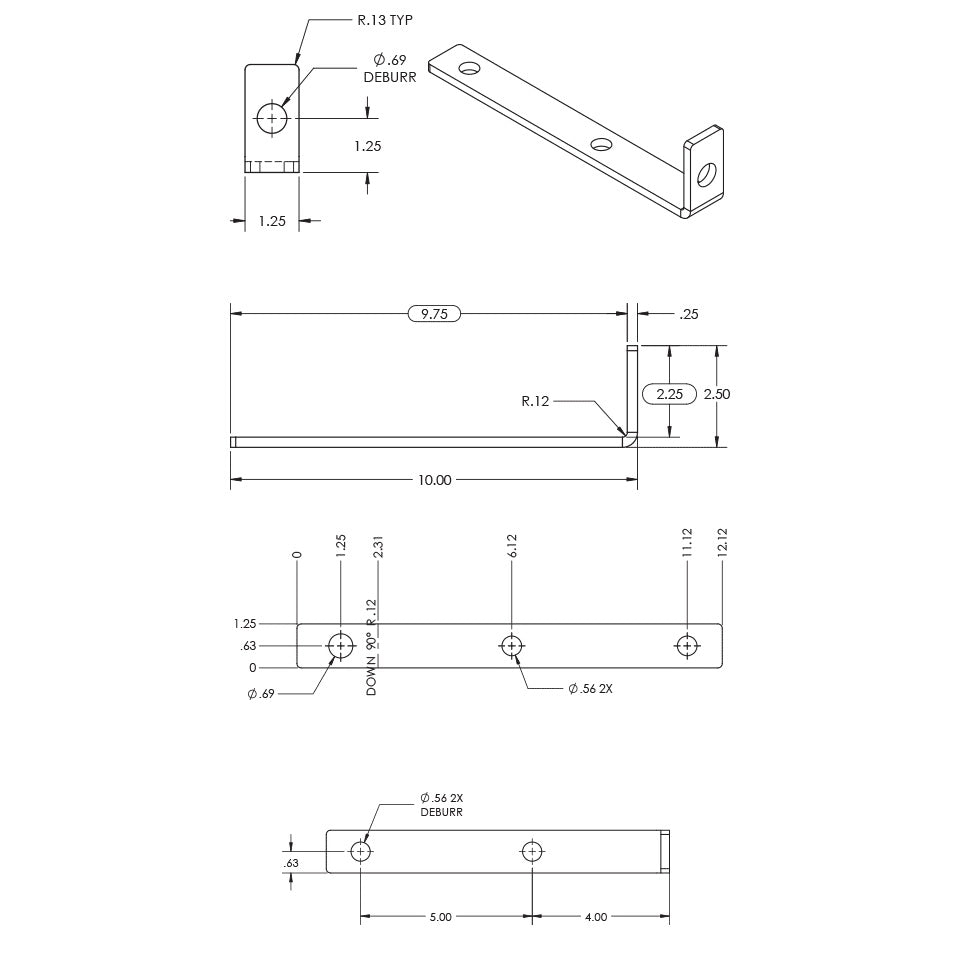 BC-LAM-KIT beam clamp laminate adapter bracket dimensional drawing showing L-shaped plate with 10.00 inch length, 2.50 inch upright, and 0.69 and 0.56 diameter mounting holes, Adaptive Technologies
