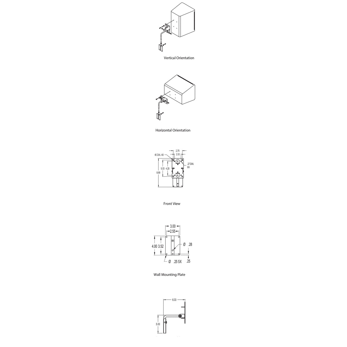 MM-016-BT multi-mount speaker bracket technical drawings showing vertical and horizontal speaker orientations, front view, wall mounting plate and side profile dimensions, Adaptive Technologies