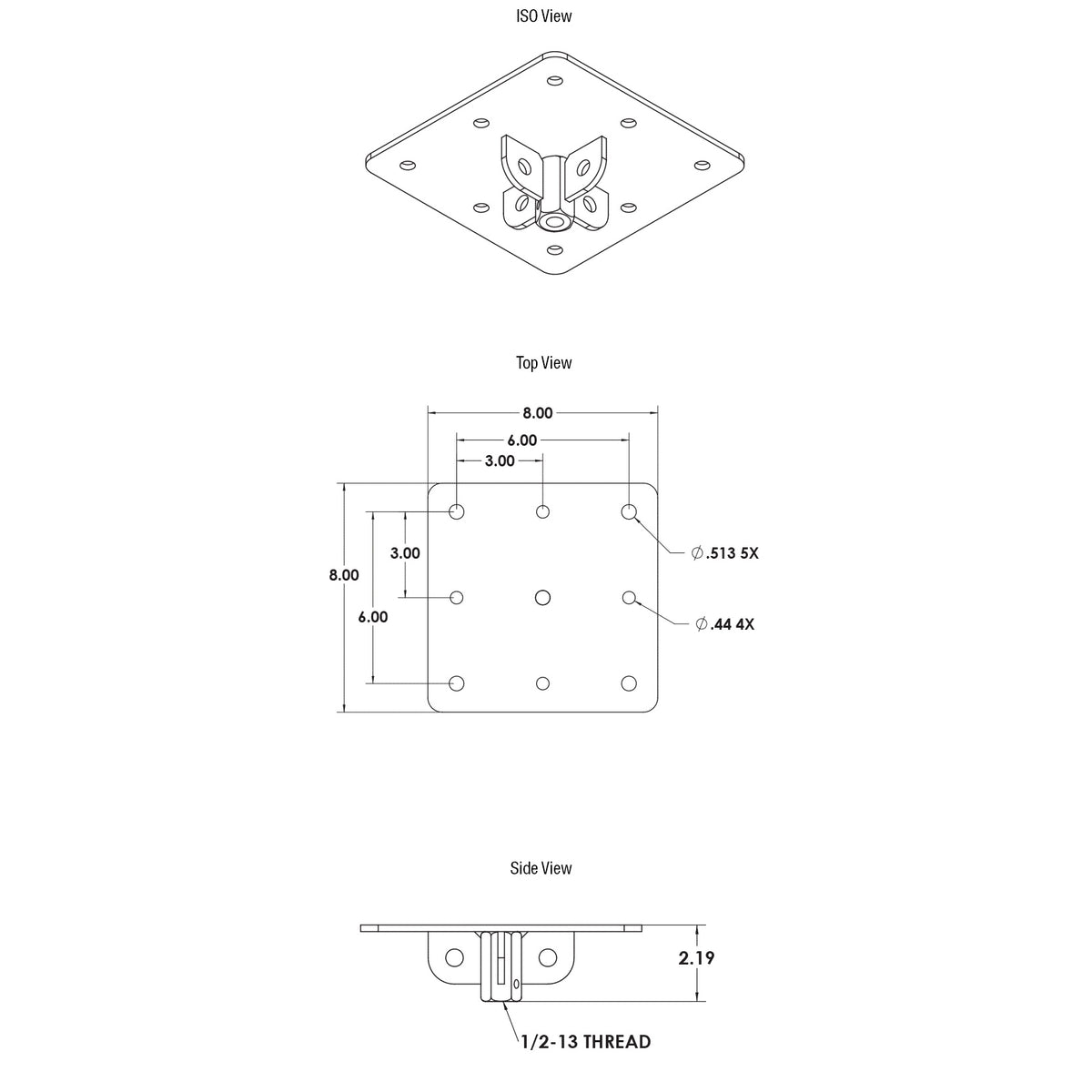 MP-500-13-CM black ceiling mount plate technical drawing with iso, top and side views showing 8 inch square plate, 3x3 hole pattern, 2.19 inch height and 1/2-13 thread, Adaptive Technologies