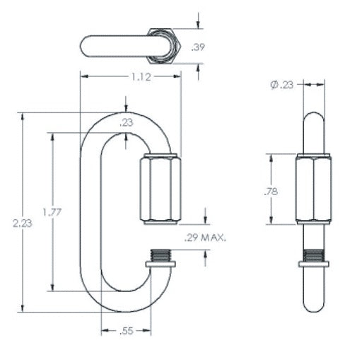 QL-025-S 1/4in Quick-Link dimensional drawing with top, front and side views showing 2.23 overall length, 1.12 width, 0.78 sleeve length and 0.23 diameter, Adaptive Technologies