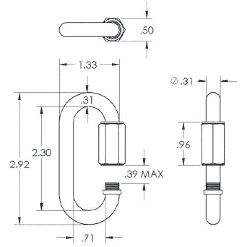 QL-315-S 5/16in Quick-Link dimensional drawing with top, front and side views showing 2.92 overall length, 1.33 width, 0.39 max opening and 0.31 diameter, Adaptive Technologies