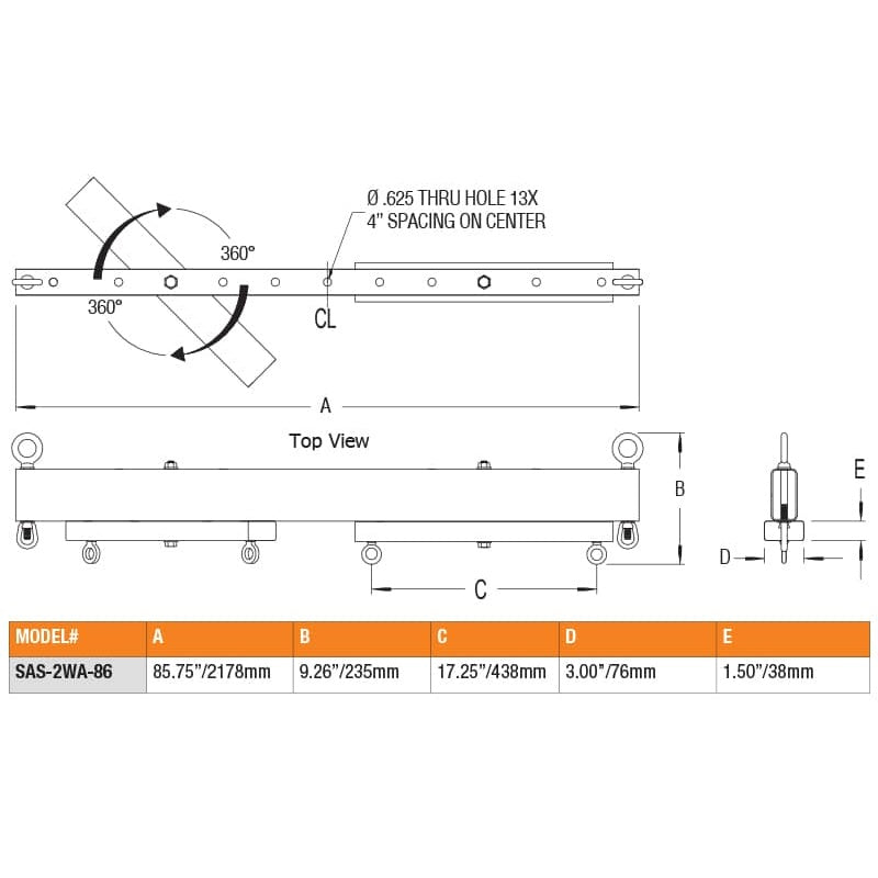 SAS-2WA-86 two-way array dimensional drawing with top view, 360 degree rotation arrows, 13 thru holes at 4in spacing and a dimension table listing 85.75in length, Adaptive Technologies