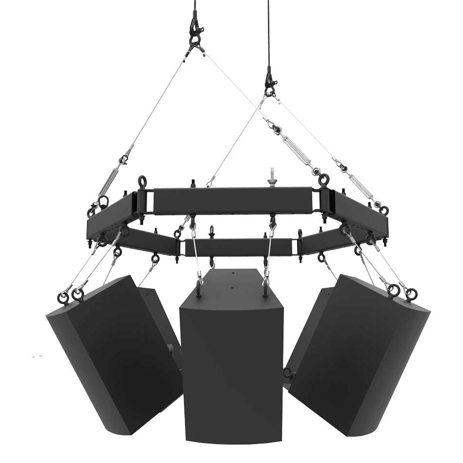 SAS-GLT-B GridLink inTin connector rigging system in use, octagonal black beam ring suspended from steel cables and turnbuckles with three black loudspeaker cabinets hung below on eyebolts, Adaptive Technologies