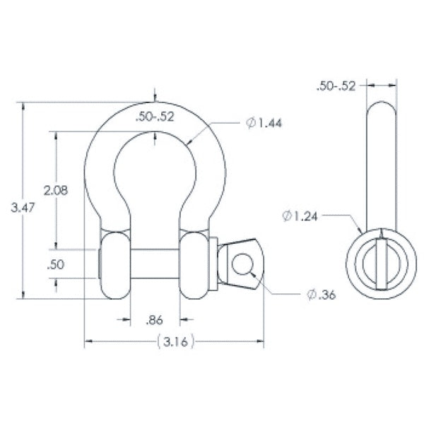 SK-025-S 1/4in shackle dimensional drawing, front and side views with 3.47 height, 3.16 width and 0.36 pin eye diameter, Adaptive Technologies