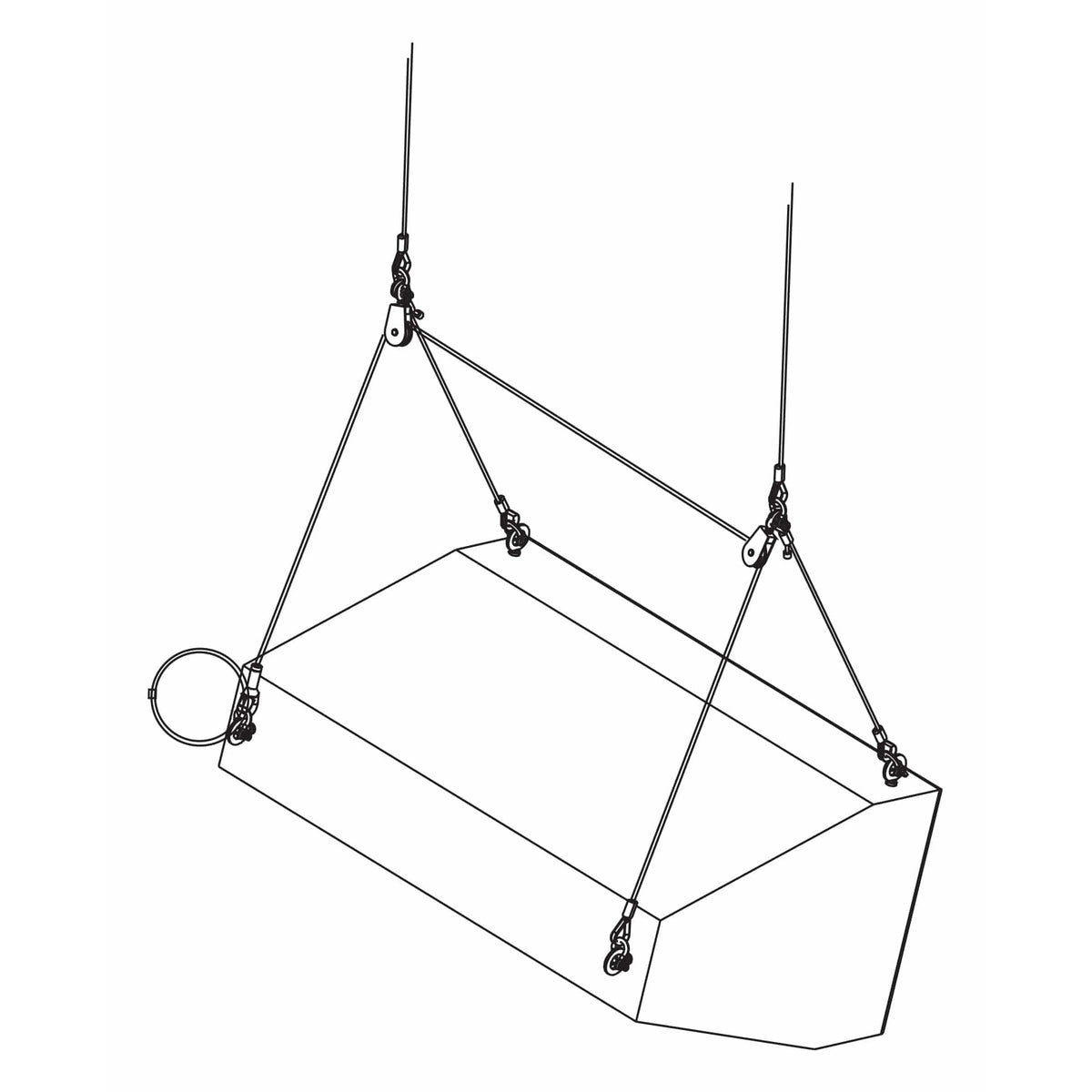 TCK2-022-S wire rope kit line drawing showing four-point cable rigging with pulley fittings and eyelet attachments on a wedge-shaped speaker enclosure, Adaptive Technologies