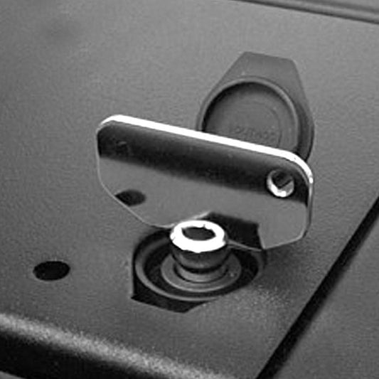 Close-up of the Ace Backstage 124L1BK-FF locking lid latch with key inserted in the cam lock