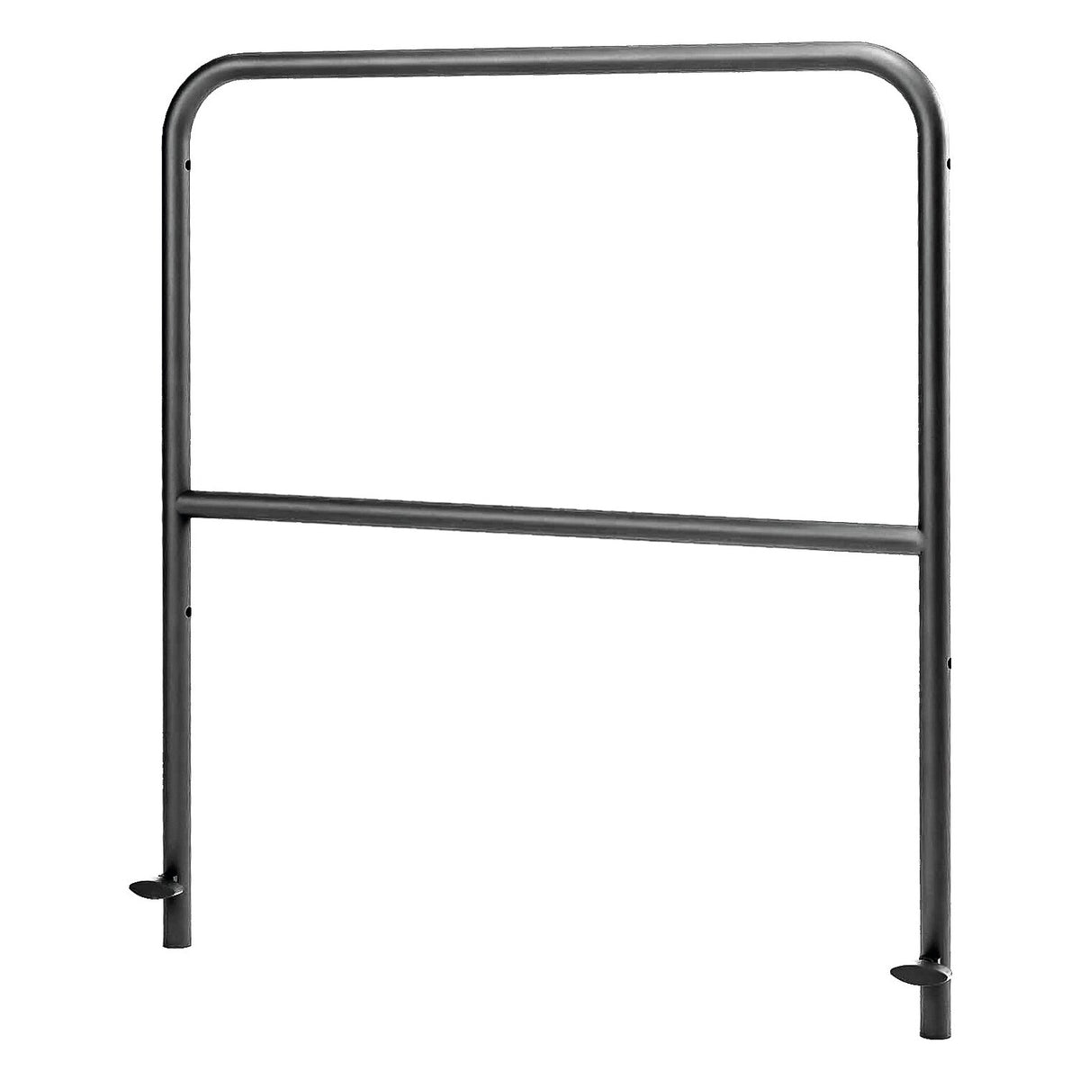 11991 conductor podium railing front view with black powder coated steel tubing, curved top corners, center crossbar and two locking tabs at the leg bases, K&M