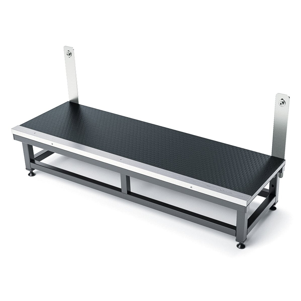 11994 steel step for conductor podium, three-quarter front view showing textured black non-slip platform, metal edge trim, adjustable feet and two upright mounting brackets, K&M