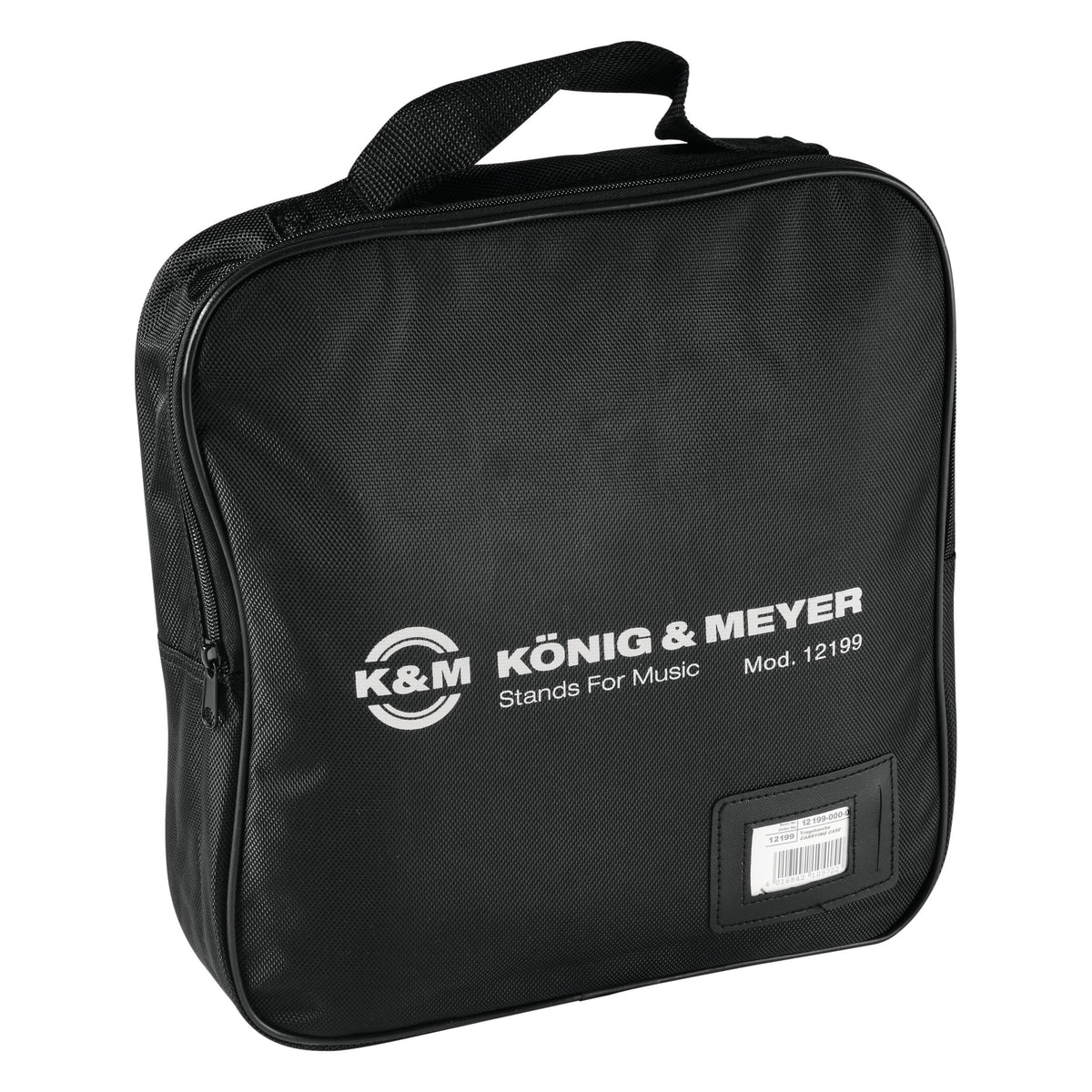 12199 nylon carrying case front view in black with top carry handle, zipper and König & Meyer logo with Mod. 12199 text, K&M