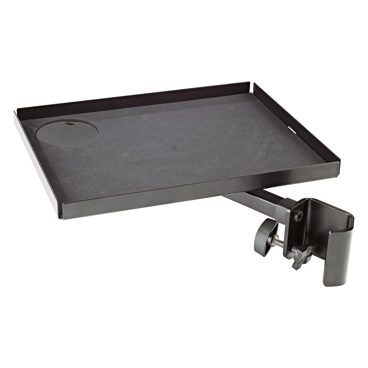 12227 equipment tray three-quarter view showing raised edges, foam mat, cup holder cutout and pole clamp, K&M
