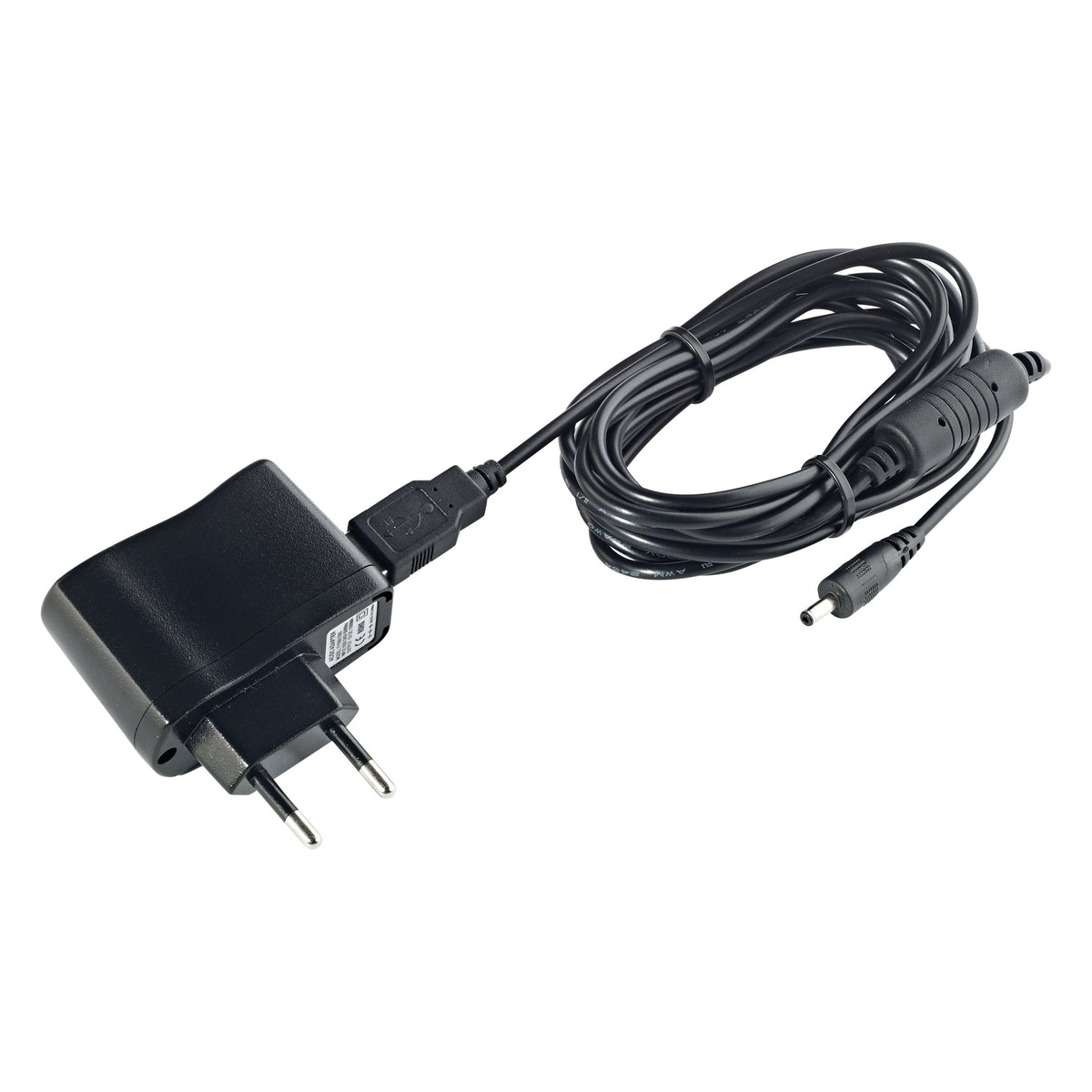 12257 FlexLight power unit overview with black AC adapter, two-pin Euro plug, USB connector and coiled DC cable with ferrite core and barrel plug, K&M