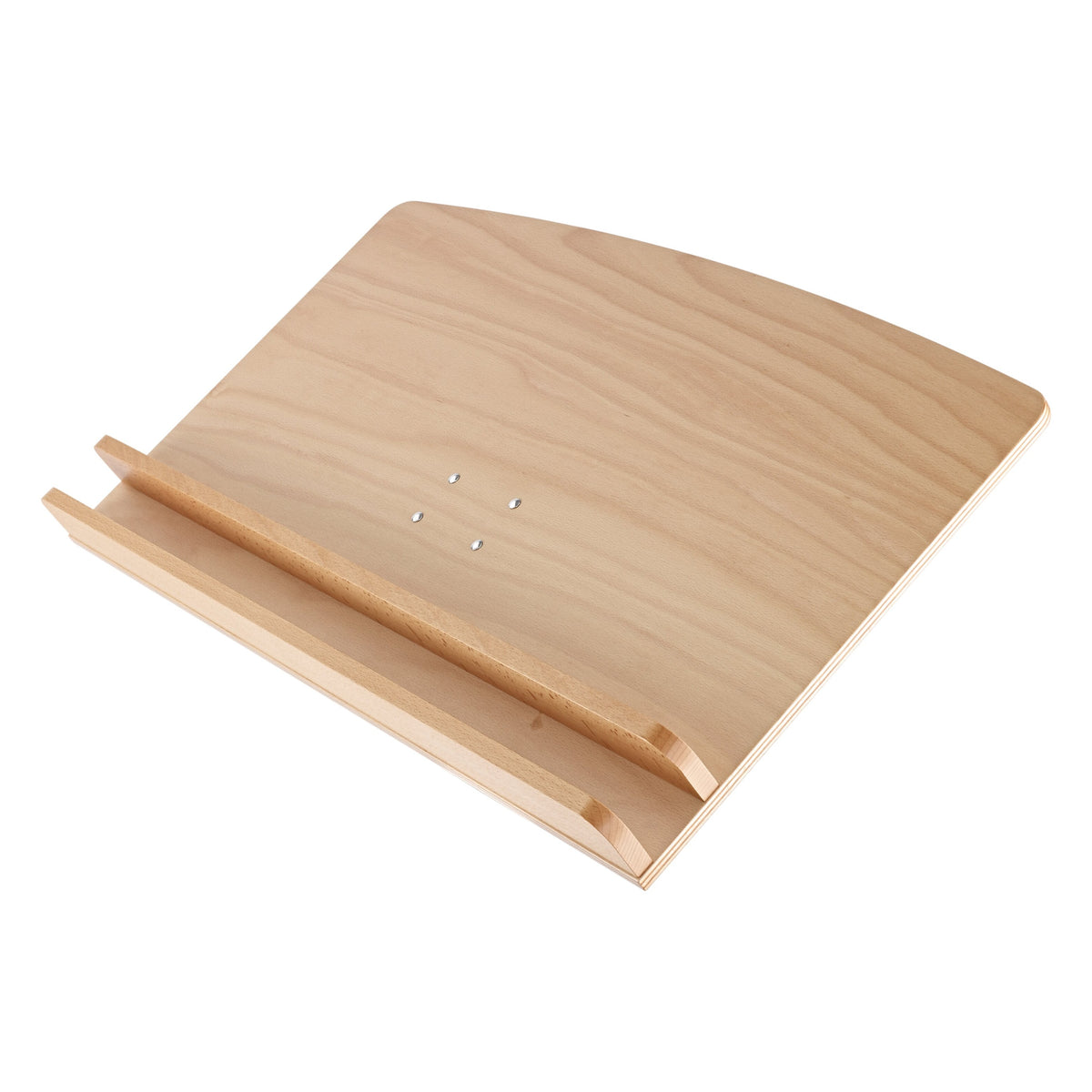 12334 conductor desk angled view showing curved beech wood desk top, double score ledge and four metal mounting rivets, K&M