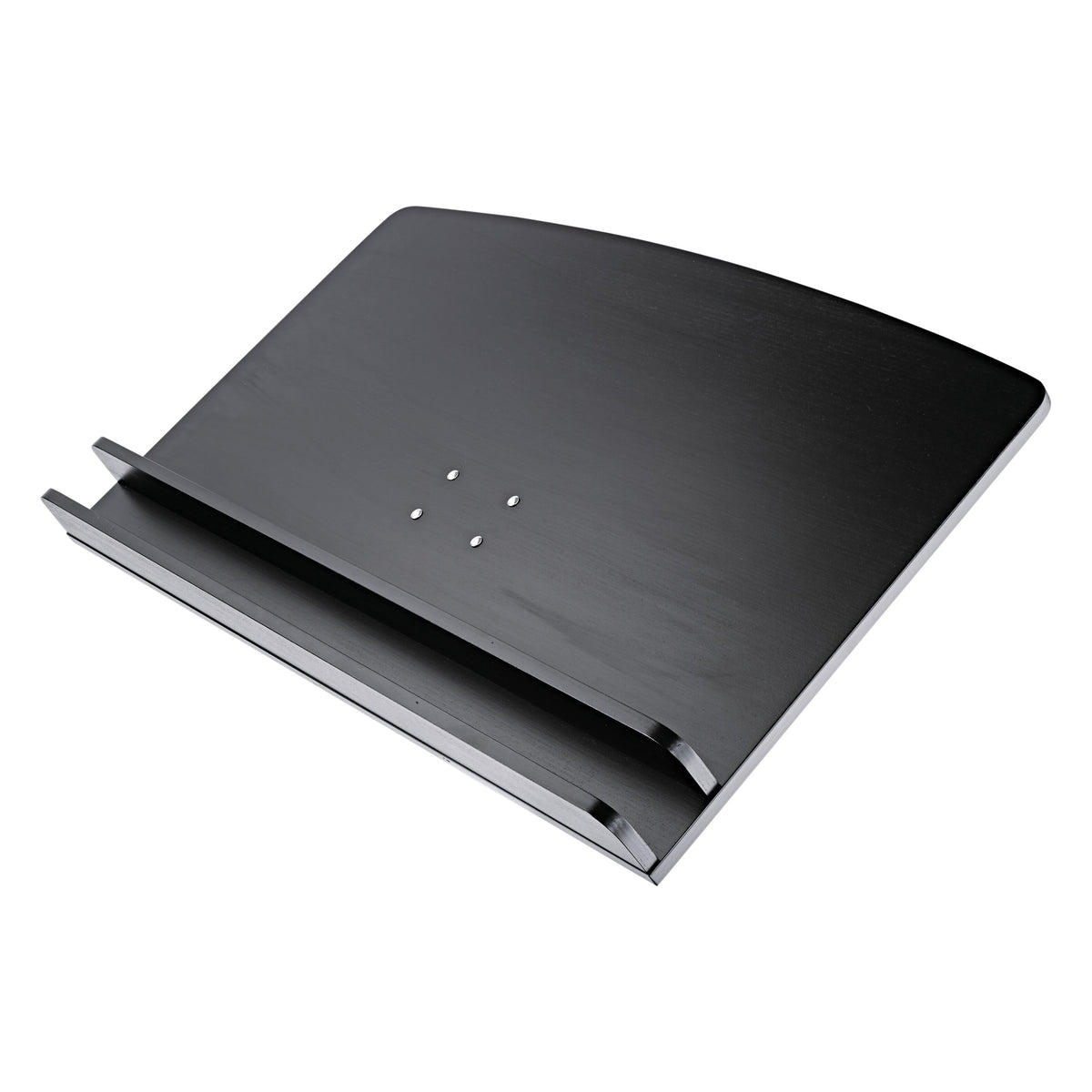 12335 conductor stand desk plate top-down angled view showing curved black surface, music ledge and four mounting rivets, K&M
