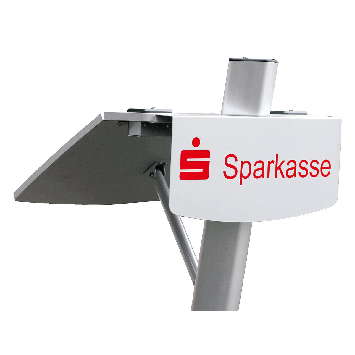12383 promotional board for logo display, close-up of the silver panel with red Sparkasse logo mounted on the column with angled support strut and tilted reading shelf, K&M