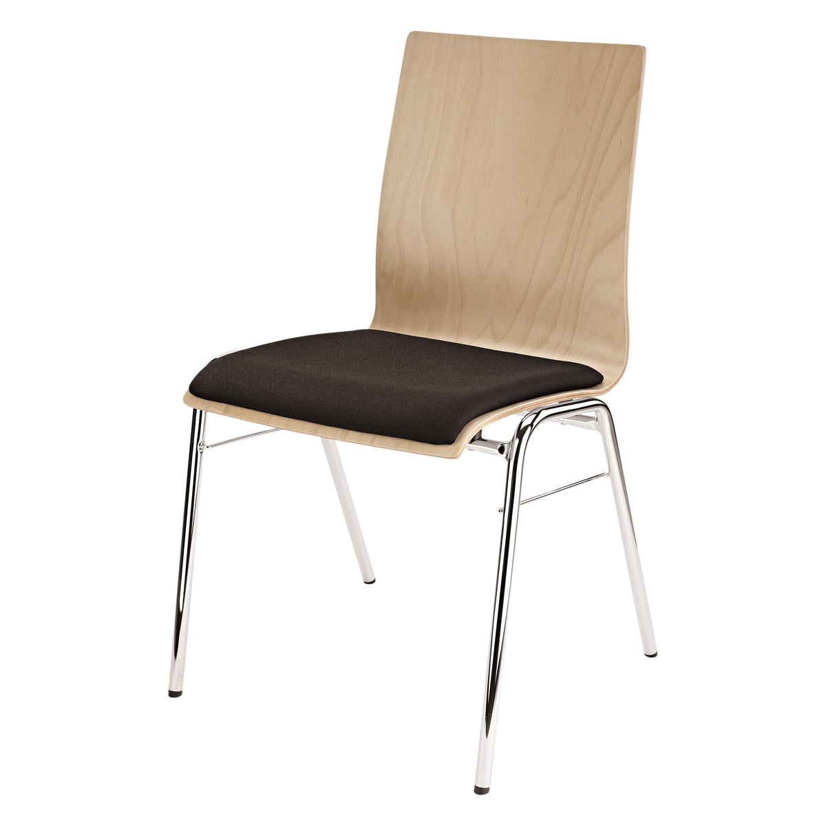 Stacking chair three-quarter front view with natural beech wood backrest, black cushioned seat and chrome tube frame, K&M
