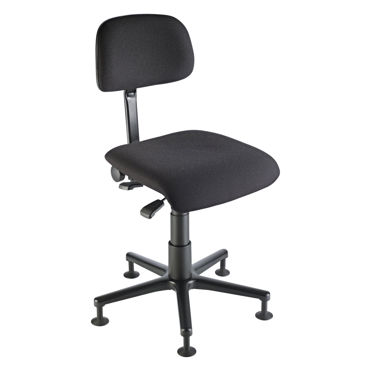 13470 percussion chair three-quarter front view with black upholstered seat and backrest on five-leg base with glide feet and height adjustment lever, K&M