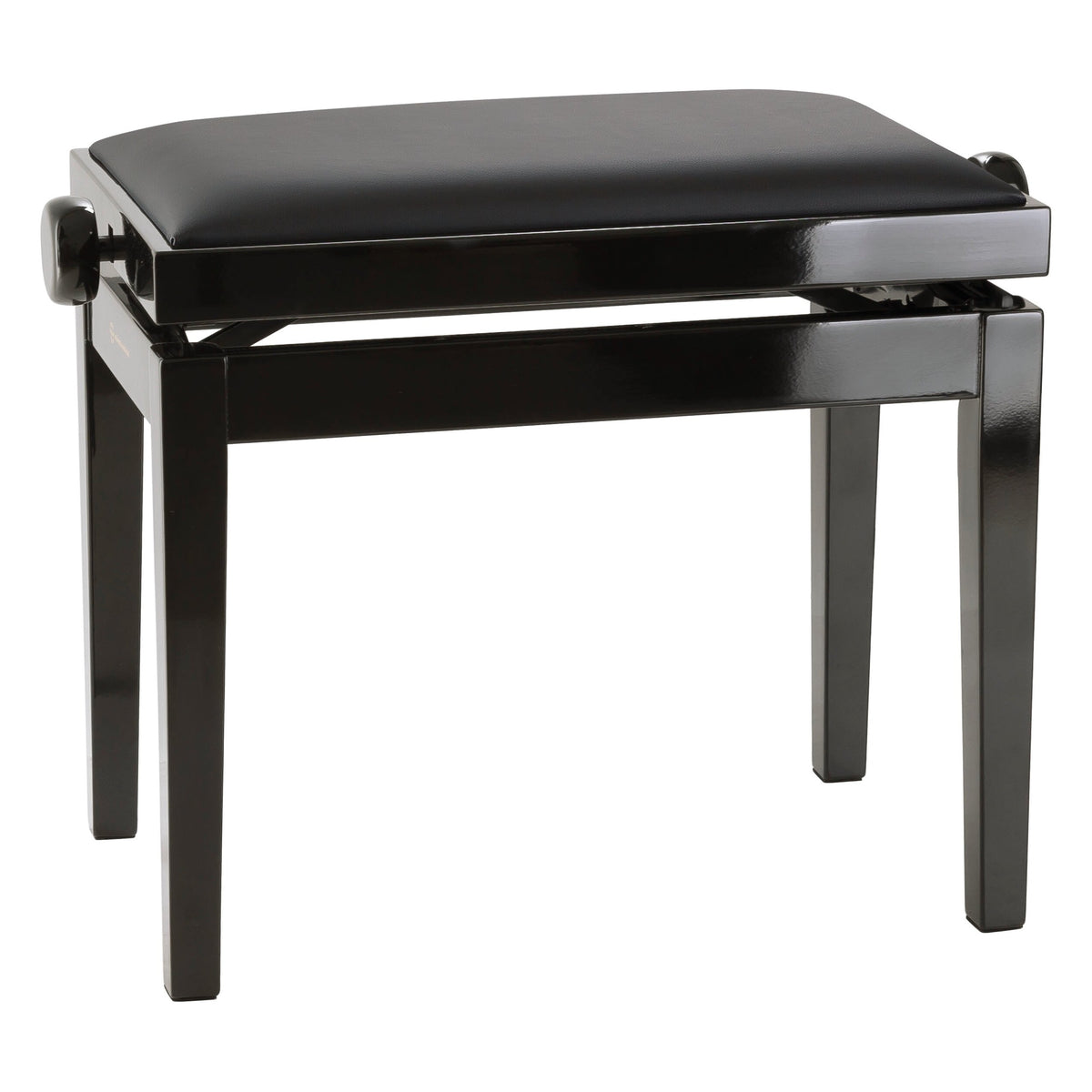 Height-adjustable piano bench three-quarter front view with black glossy beech frame, padded imitation leather seat and side adjustment knob, K&M