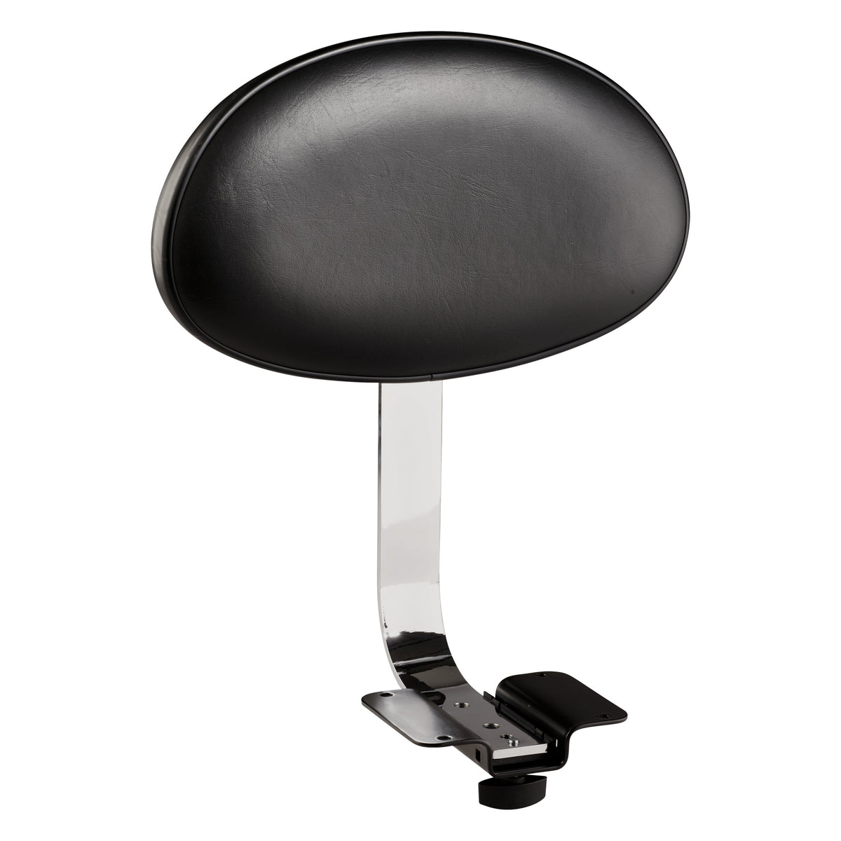 14005 drummer throne backrest front view with oval black padded cushion on curved chrome strap and black mounting bracket with clamp screw, K&M