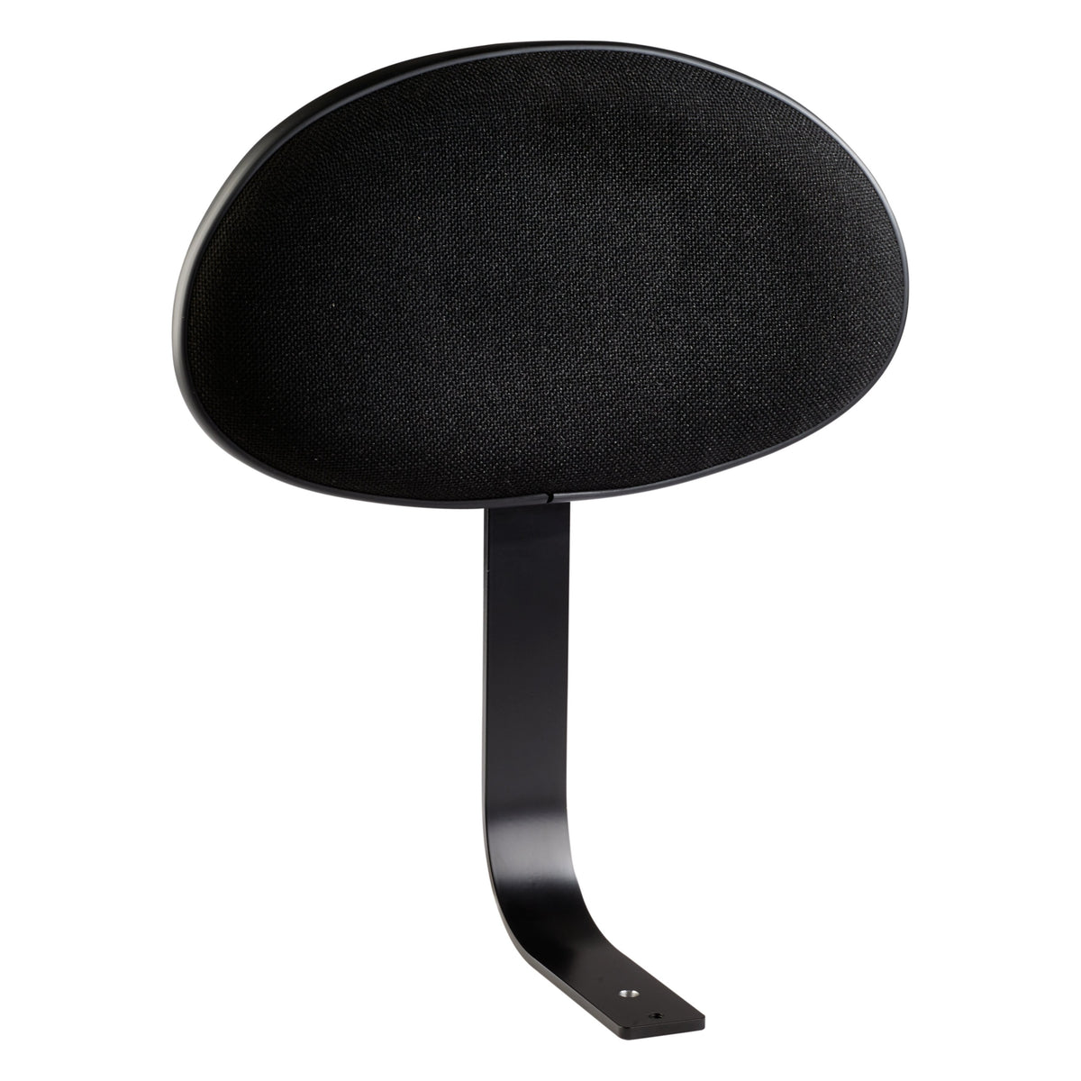 14033 drummer seat backrest front view showing oval black fabric-covered pad on curved steel mounting arm with bolt hole at the base, K&M