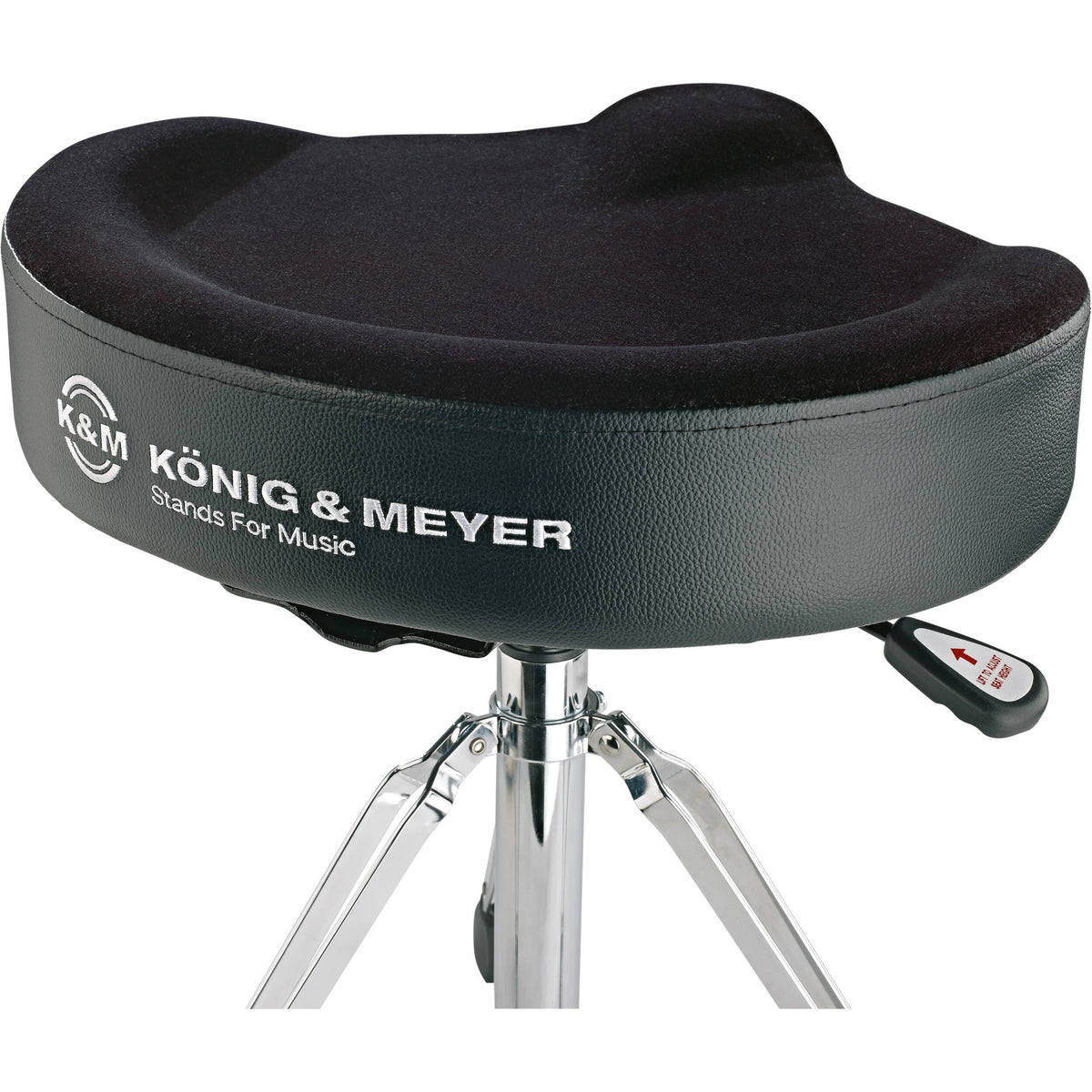 KM 14036.000.02 drum throne seat detail showing Konig & Meyer logo on vinyl trim and red height-adjust lever, K&M