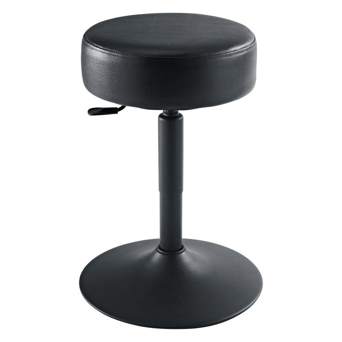 Adjustable round piano stool front view with black imitation leather seat, height adjustment lever under the seat and flared trumpet-style steel base, K&M