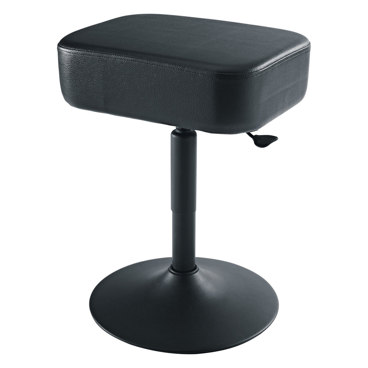 Adjustable piano stool front three-quarter view with rectangular black imitation leather seat, height adjustment lever and round trumpet base, K&M