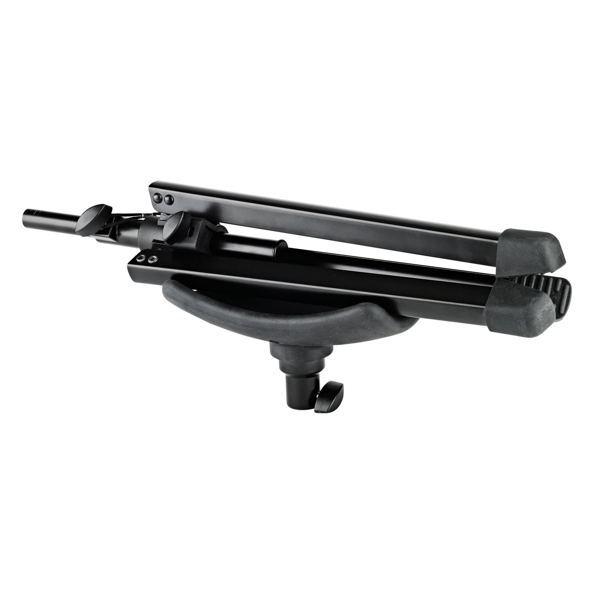 14952 children's tuba stand folded flat with tripod legs collapsed against the stem and saddle rest underneath, K&M