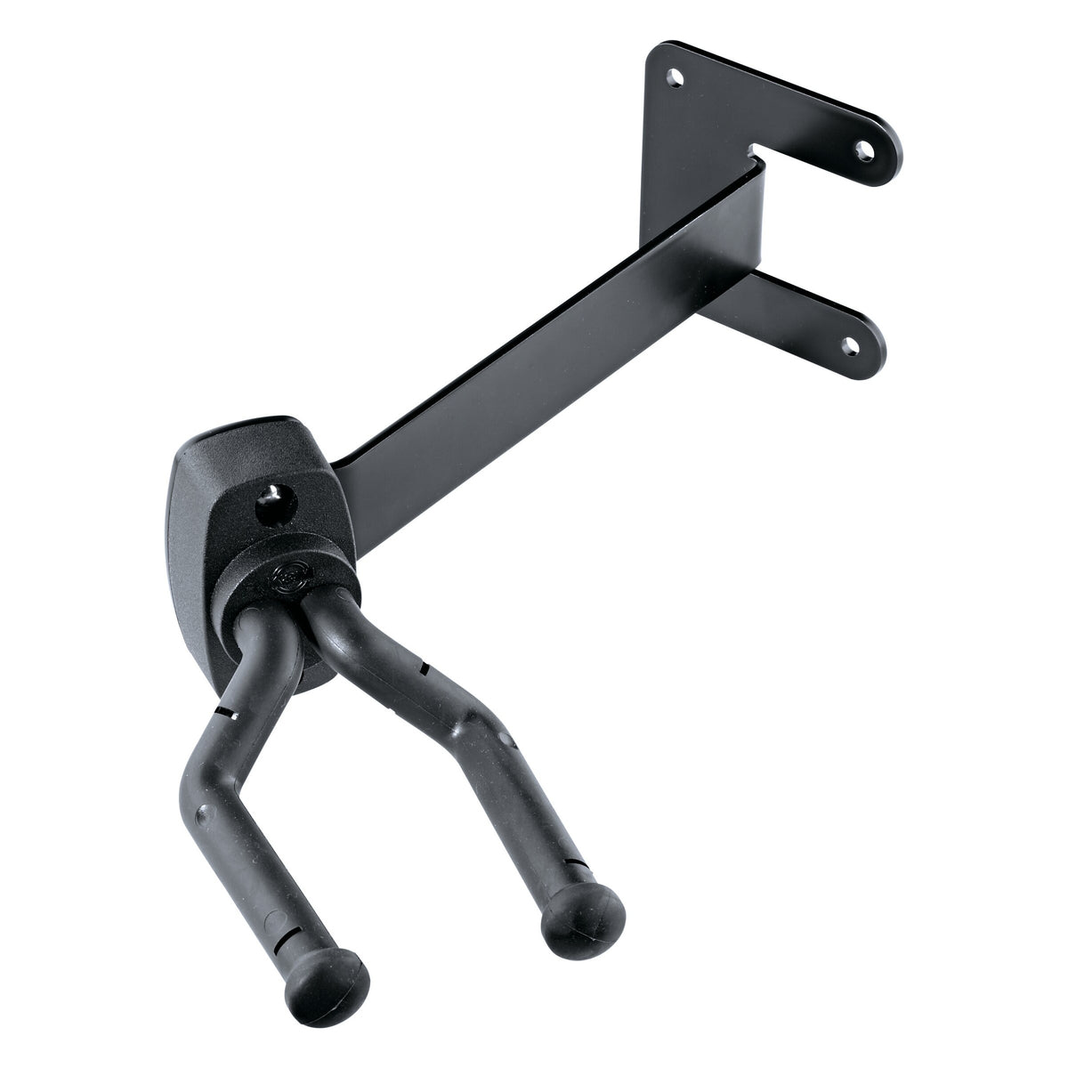 16255 guitar wall mount three-quarter view showing black steel arm with screw-hole mounting plate and padded self-locking yoke with rubber-tipped prongs, K&M