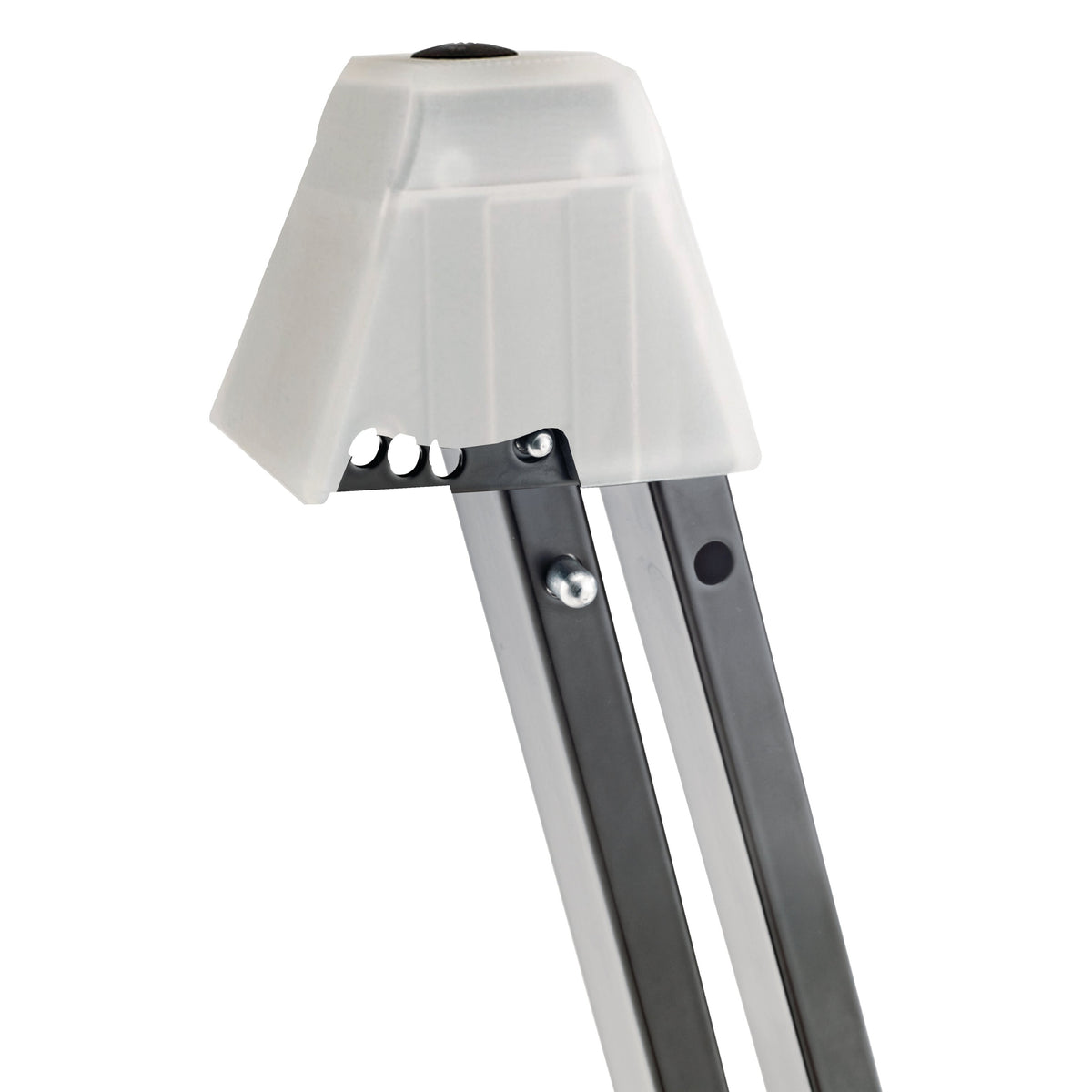 17540 folding electric guitar stand, close-up of translucent top cradle with rivets and pivot holes where the black legs join, K&M
