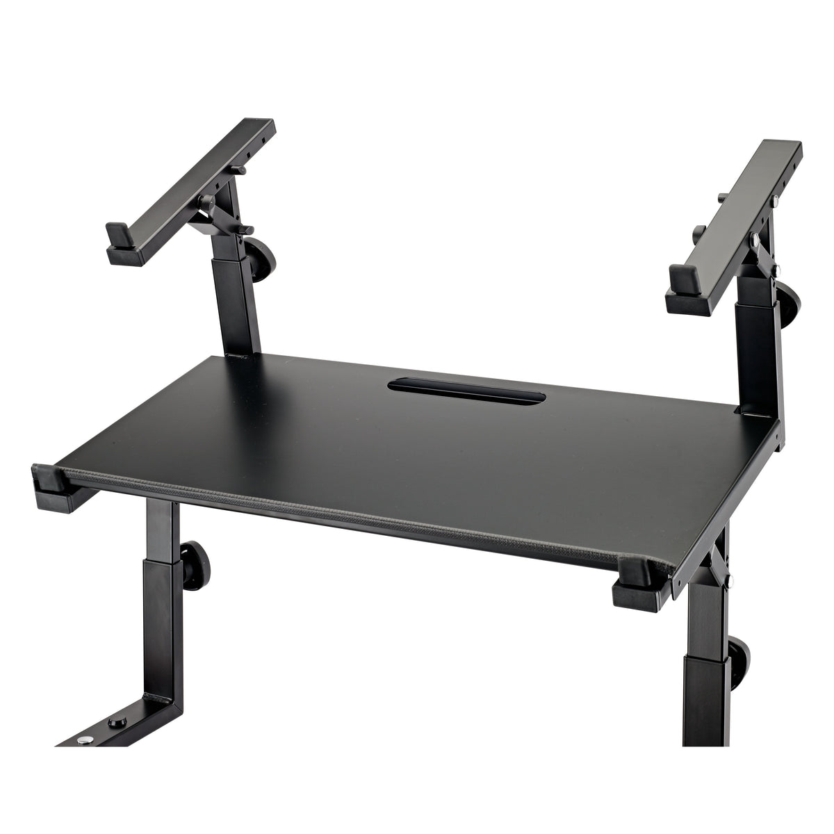 18819 controller keyboard tray mounted on Omega stand showing tray clamped between adjustable upright arms with upper support rails, K&M