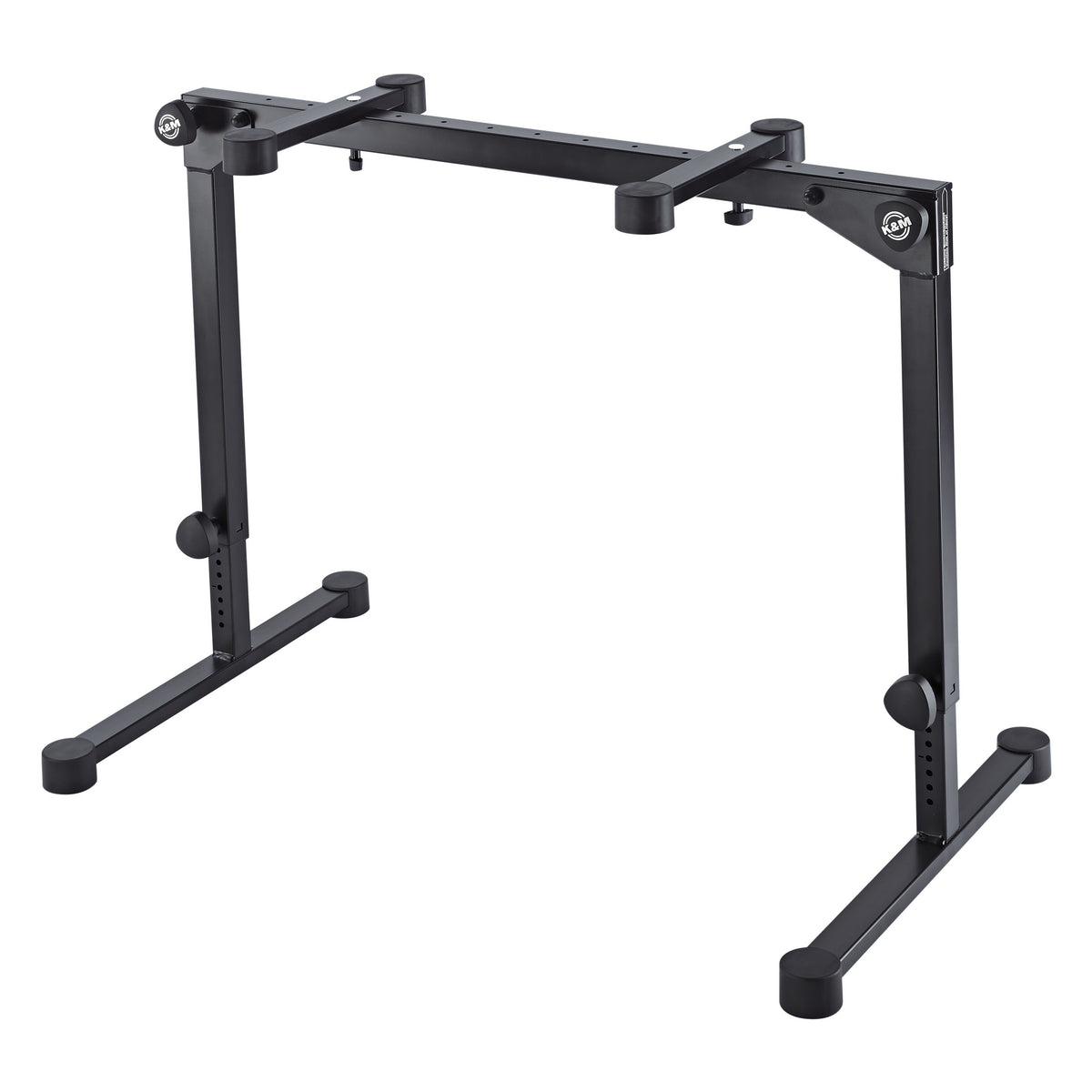 18820 Omega Pro table-style keyboard stand front view in black with adjustable legs and cross-support arms, K&M