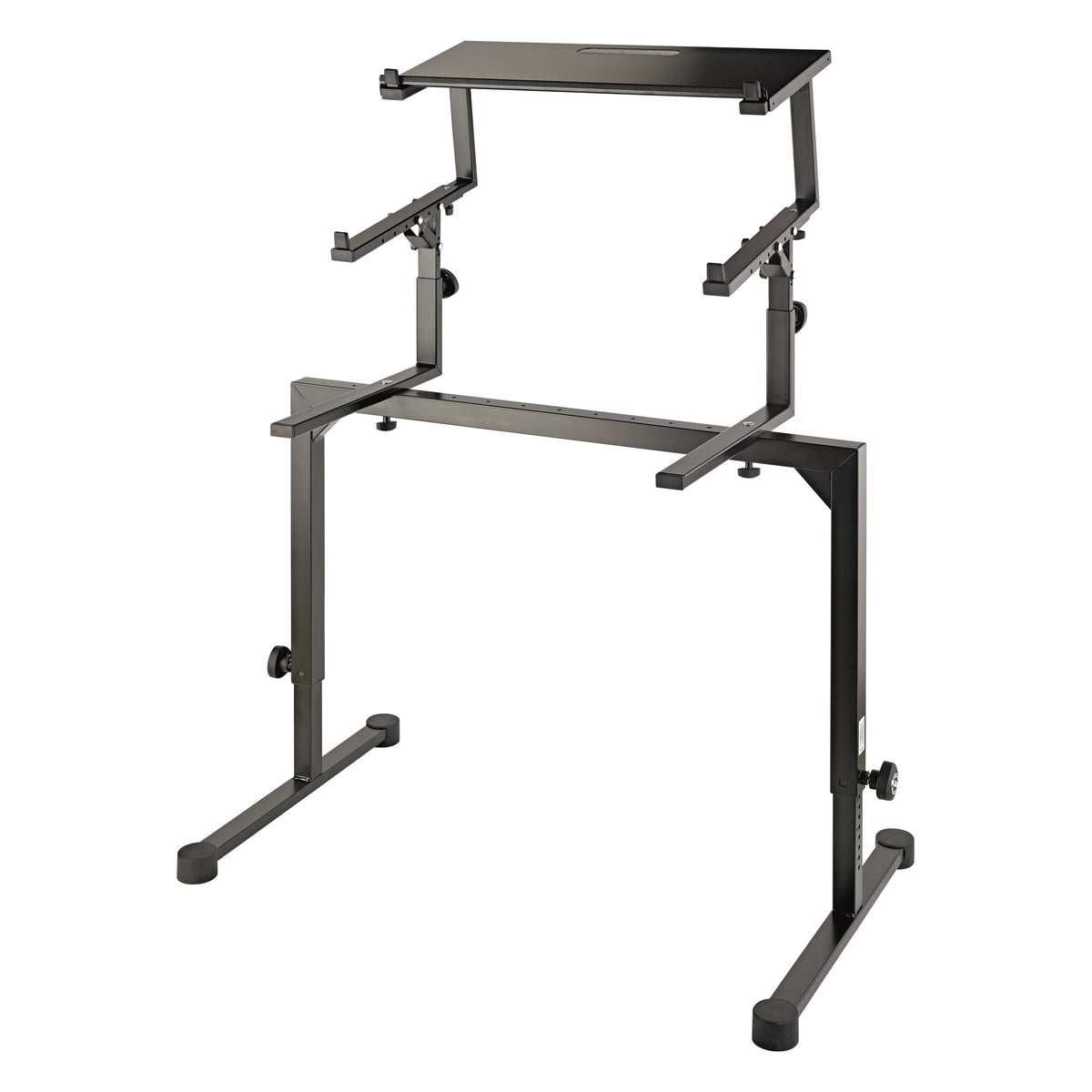 18824 controller keyboard tray fitted on black Omega stand as upper tier with adjustable arms and height clamp knobs, K&M