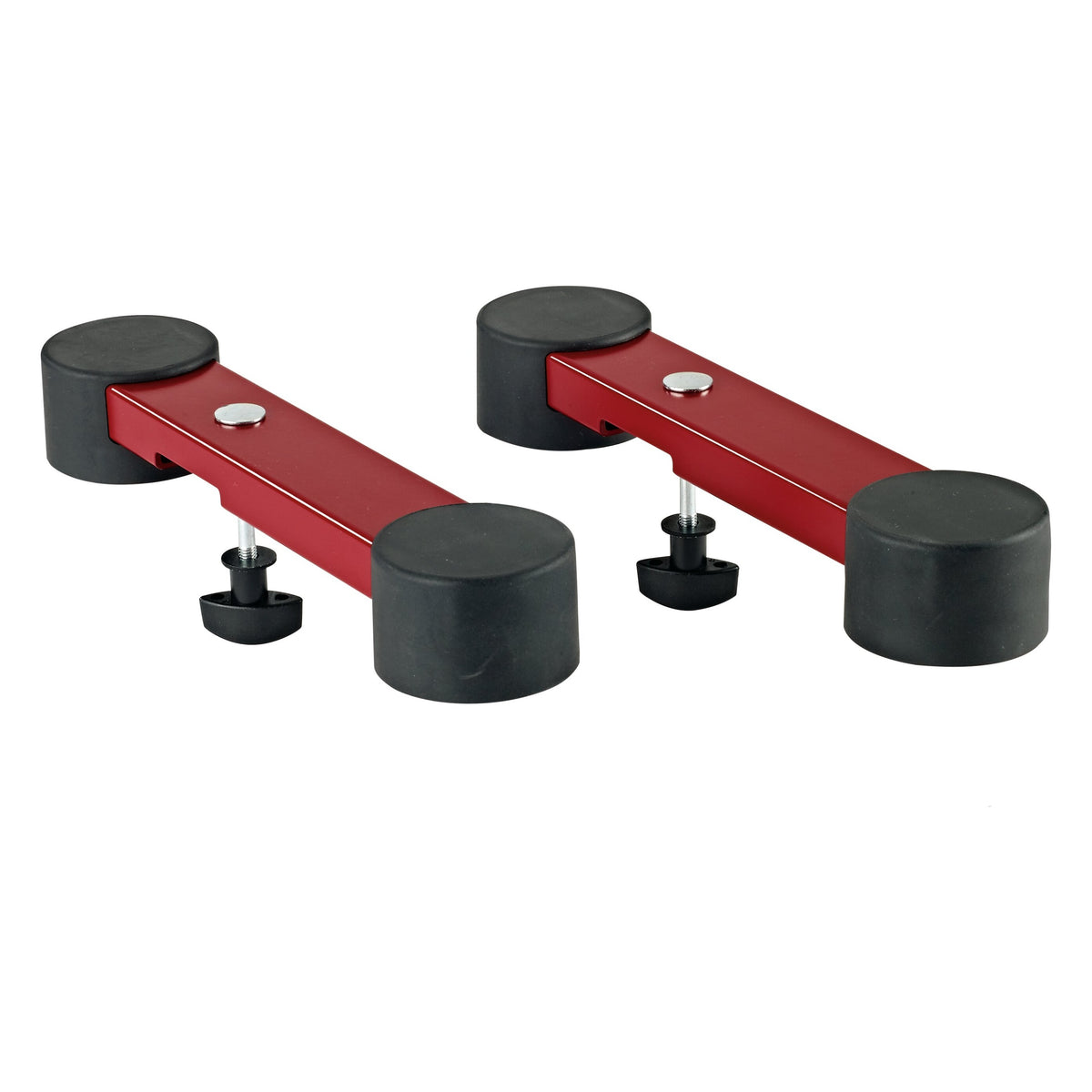 18827 stage piano support pair in ruby red, alternate angled view showing silver rivet, black rubber pads and thumb screw clamp detail, K&M