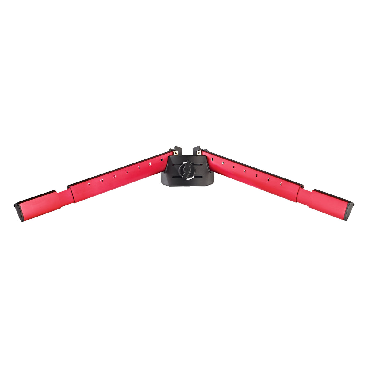 18865 Spider Pro keyboard support arm set top view in red with telescoping arms extended, black center mount with clamp knob and perforated adjustment holes along each arm, K&M