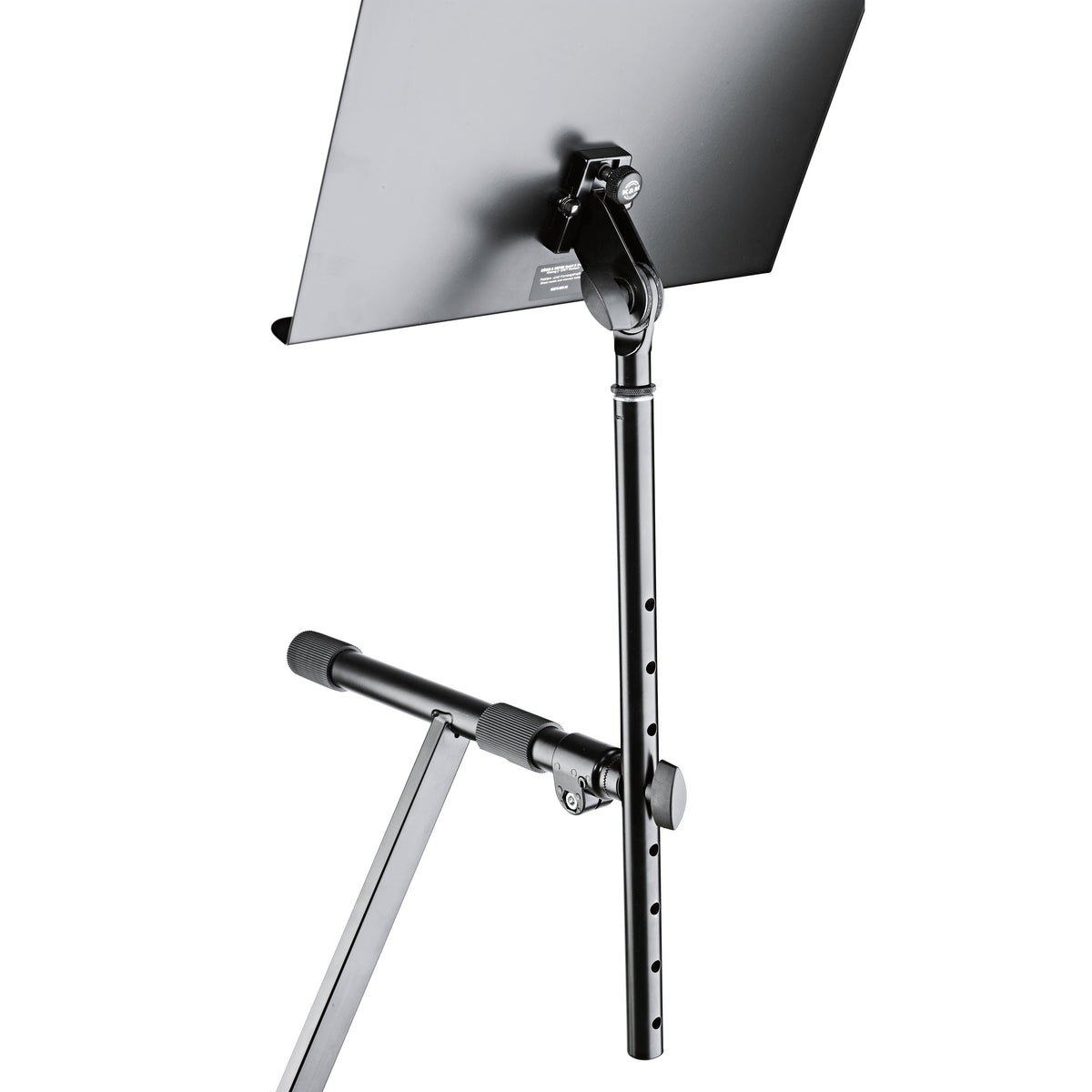 18944 universal holder fitted to X-keyboard stand supporting a music stand desk on the threaded top mount, K&M