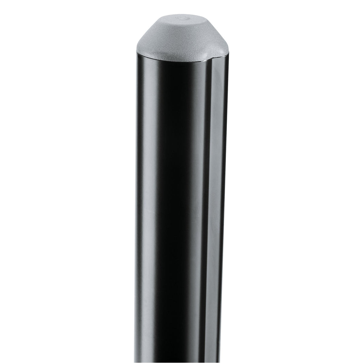 21471 speaker stand top of pole detail showing grey plastic end cap on black aluminum tube, K&M