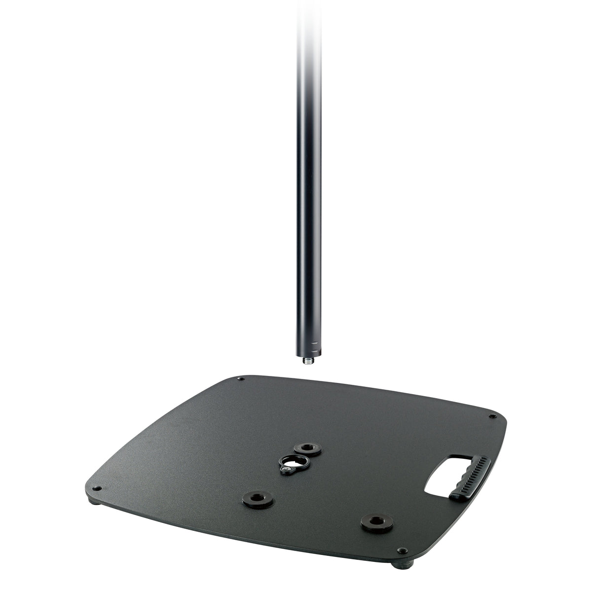 24623 distance rod threaded end positioned above a black steel base plate with mounting sockets and cutout carry handle, K&M