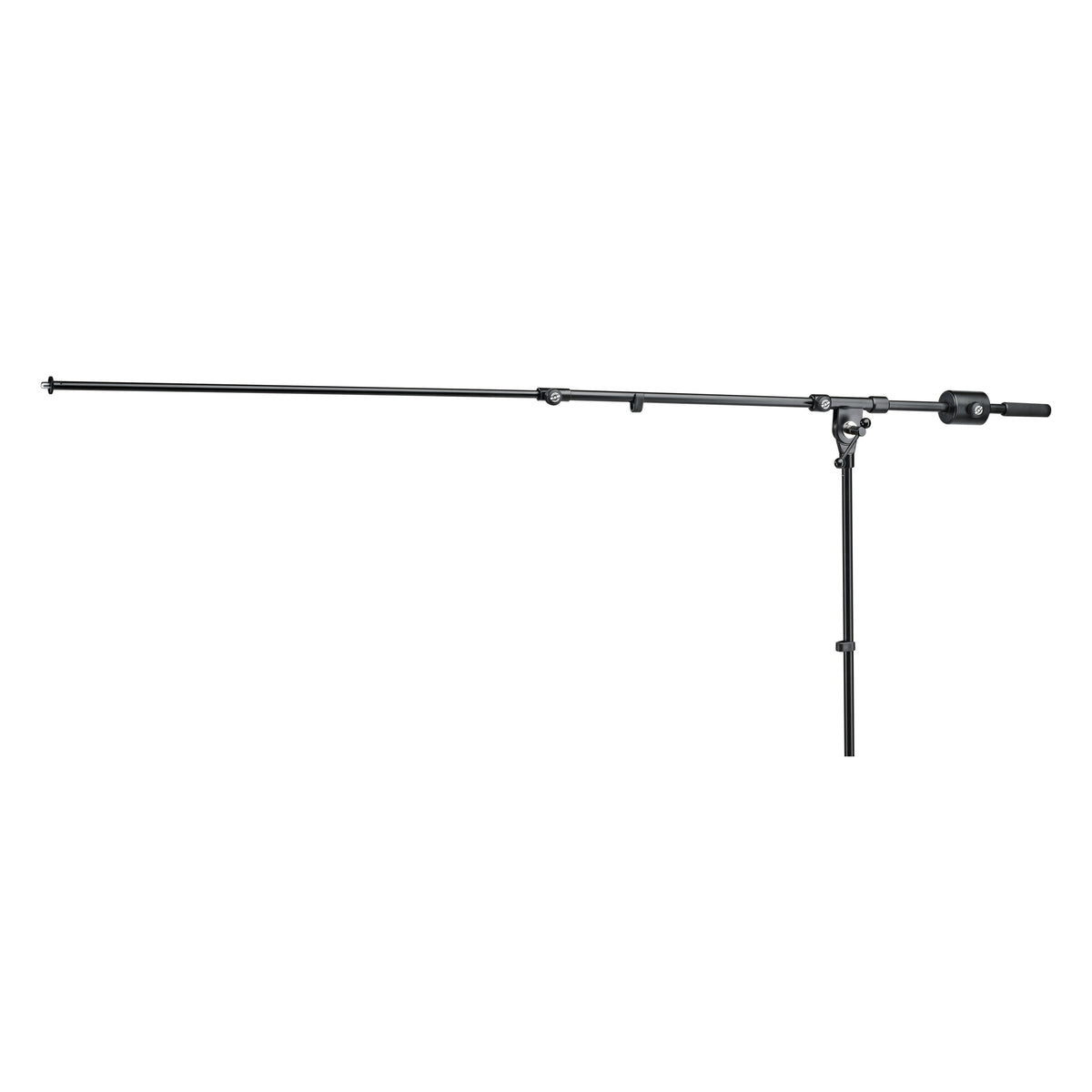 25530 telescopic boom arm at full extension with long inner tube, pivot joint and counterweight balancing the reach, K&M